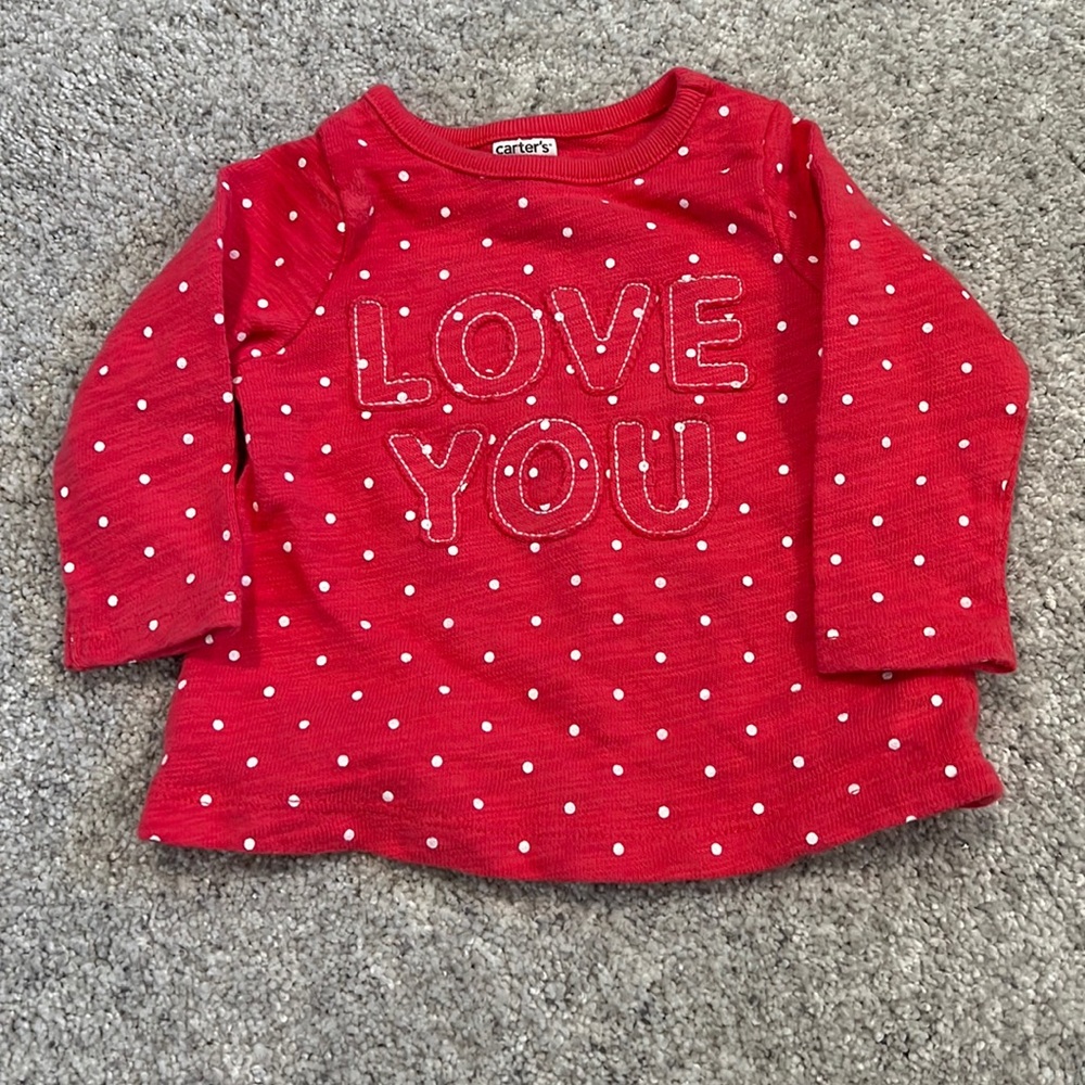 Carter’s ‘LOVE’ embroidered pink polka dot shirt size 3 months